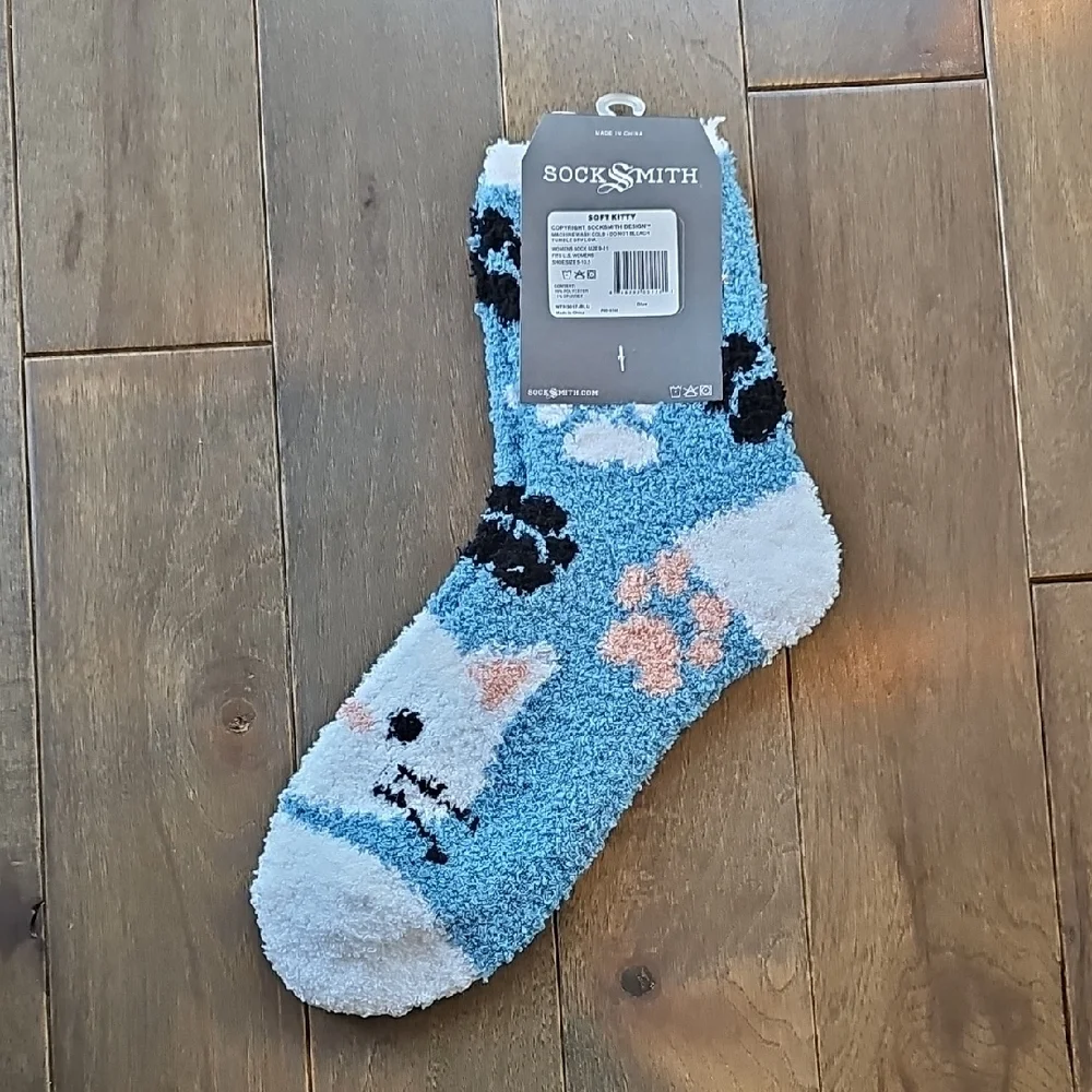 Sock Smith Warm + Cozy Blue Fuzzy Cat Socks, Women's Size 9-11, NWT